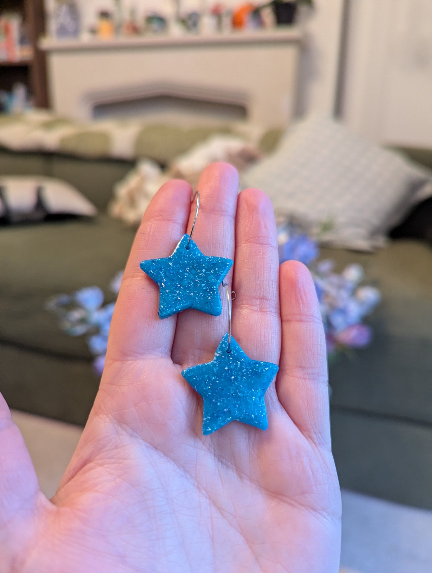 Blue glitter star hoops